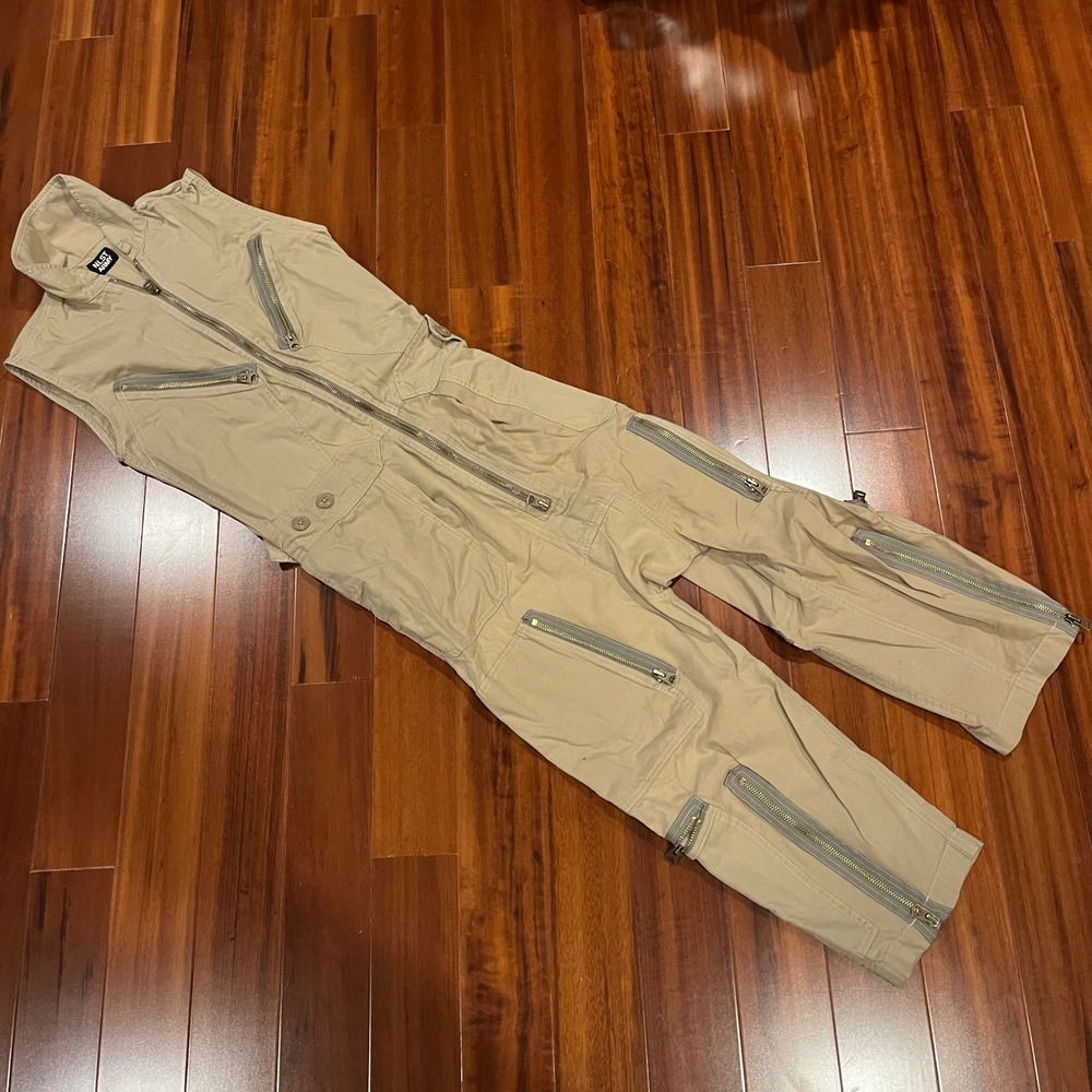 NLST ARMY Cargo Jumpsuit Utility One Piece Khaki Sleeveless Zipper Size XS